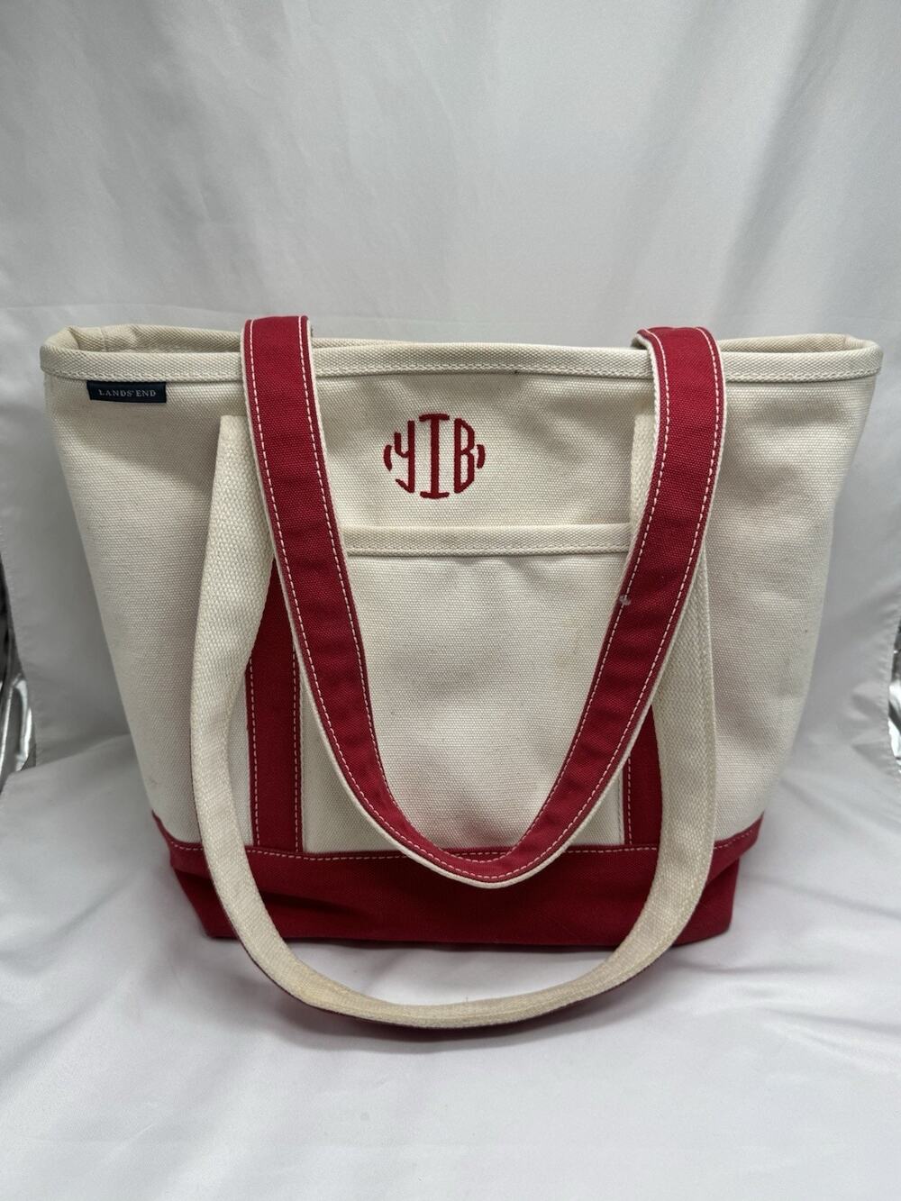 LAND'S END CANVAS BAG Tote Monogrammed Beach Coastal Preppy Red White Old Money